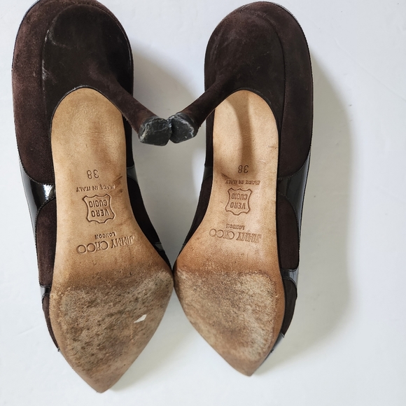 Jimmy Choo Brown Suede and Patent Leather Heels - Picture 10 of 16